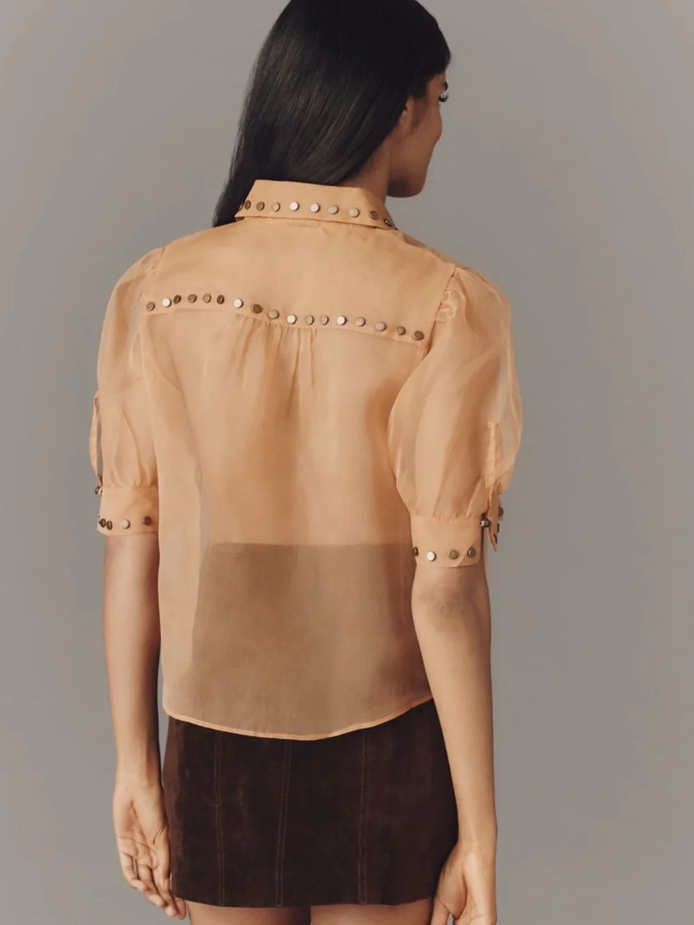 Anthropologie Maeve Sheer Pleated Puff-Sleeve Blouse in Peach